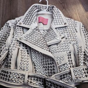 AZALEA WANG Gazette 3000 Studded Moto Jacket White Rhinestone Cropped NWT Small